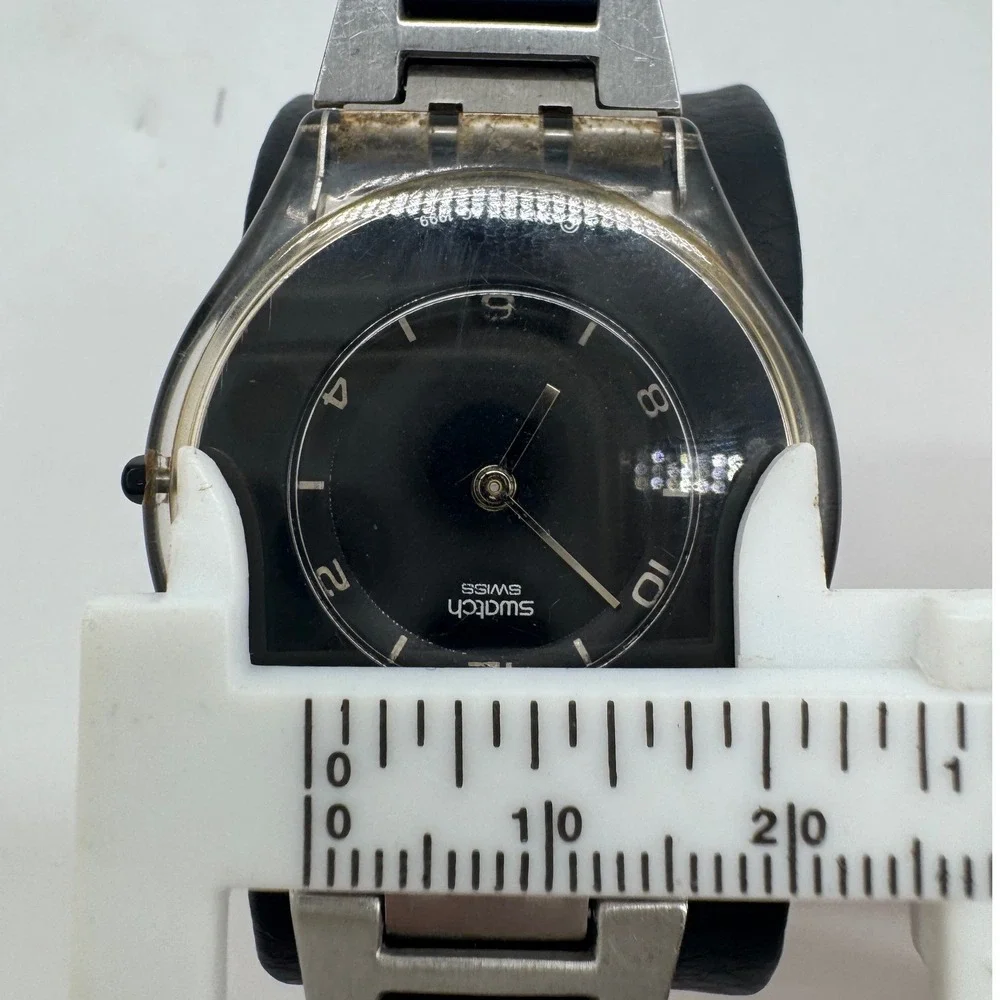 Swatch Skin 1999 Vintage Ultra Thin Watch Black Dial Silver Steel Rubber Strap‎